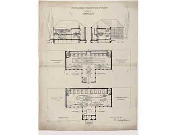 Snitt og plan over Hvalmuseet. Bygningskroppen var planlagt forblendet med naturstein, slik at hele museumskompleksets eksteriør ville fremstå helhetlig. Plasseringen av de ulike skjelettene er en del av planen. Tegning av Holger Sinding-Larsen, juli 1915.