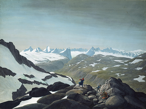 Bildet kan inneholde: fjellrike landformer, fjell, fjellkjede, maleri, ridge.