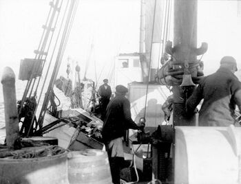 Equipment and supplies were transported from Bergen to Tromsø on Den norske Spitsbergenekspedisjonen’s ship “Farm”. In Tromsø, everything was loaded on to the boat that had been chartered for the expedition to Novaya Zemlya, the “Blaafjell”, a relatively small motor cutter breaker, weighing only 50 tonnes. To accommodate all participants, the boat had to be adapted, and extra sleeping quarters were set up in the ship’s hold. The “Blaafjell” left Tromsø on 26 June. The last stop in Norway was Vardø, where the final participant, Grønlie, came aboard with more equipment and they stocked up on fresh water. On 30 June, the course was set for Novaya Zemlya.