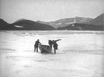 During the early hours of 19 June, a large amount of drifting ice entered the strait, causing problems for the “Blaafjell”. To get an overview of the situation, Holtedahl, Grønlie and Storli tried to get further east into the Tyouleni Bay and into the Matochkin Strait by dragging a rowing boat over the drifting ice. From a viewpoint on land, they discovered that there was even more ice in the Kara Sea at the eastern mouth of the strait and that they risked becoming trapped in the strait. They therefore rowed back to the boat as quickly as they could and sounded the fog horn to signal to the others who were still on land to return to the “Blaafjell”. Meanwhile the ice was closing in around the boat. Holtedahl decided that they would have to try to force their way through the ice and out to open waters.