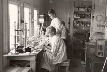 The medical scientist Sverre Dick Henriksen and his assistant Per Oeding working in the laboratory. The islanders had exceptionally good health, with virtually no serious diseases, and the most common causes of death were old age and accidents. This was a very exciting starting point for medical research.