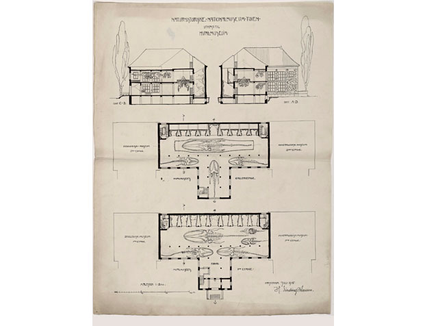 Snitt og plan over Hvalmuseet. Bygningskroppen var planlagt forblendet med naturstein, slik at hele museumskompleksets eksteriør ville fremstå helhetlig. Plasseringen av de ulike skjelettene er en del av planen. Tegning av Holger Sinding-Larsen, juli 1915.