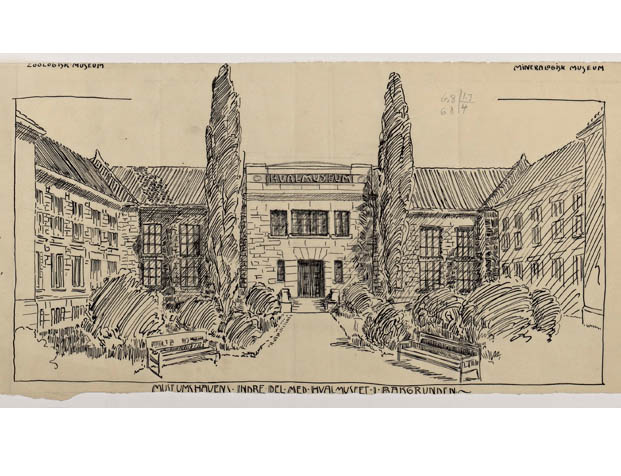 Perspektivskisse av den omarbeidede fasaden med hageanlegg foran. Holger Sinding-Larsen, desember 1915.