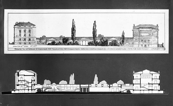 Arkitekt Holger Sinding-Larsens forslag til hus for vikingskipene på Tullinløkka fra 1909 i profil.
