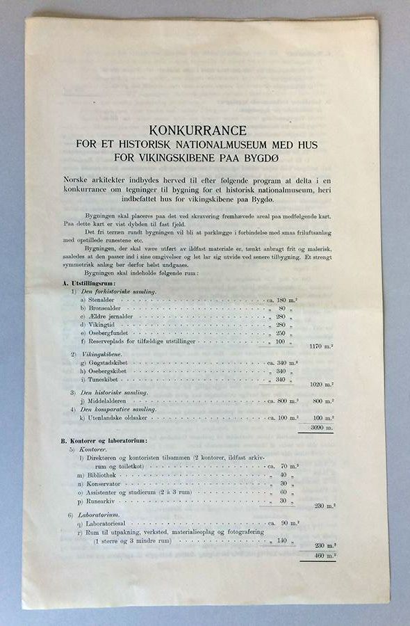 Utlysning av arkitektkonkurransen for et historisk nationalmuseum med hus for vikingskibene paa Bygdø, November 1913.
