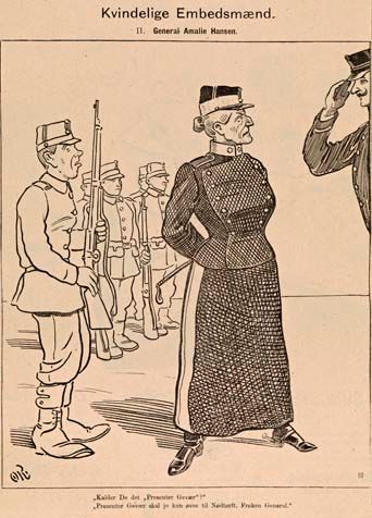 General Amalie Hansen med militært, langt skjørt er heller ikke framstilt som utpreget feminin.