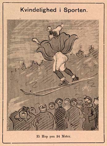 At kvinnelige idrettsutøvere har vært framstilt som lattelige har vært vanlig helt opp til 1980-årene. I 1910 tenkte man seg at det var vanskelig å gjennomføre et skihopp i skjørter...