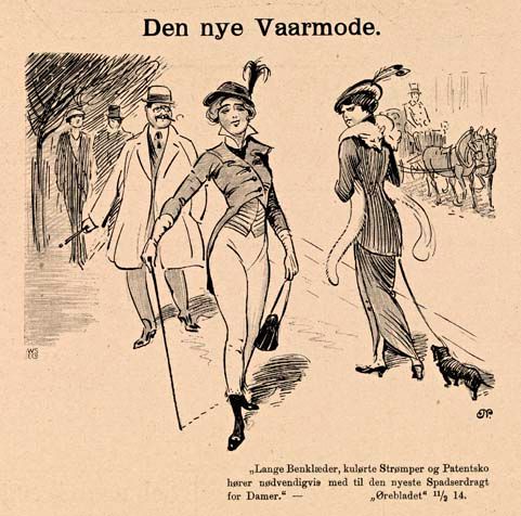 ...og i 1914 framstilles vårmoten med &quot;lange Benklæder, kulørte Strømper og Patentsko&quot;.