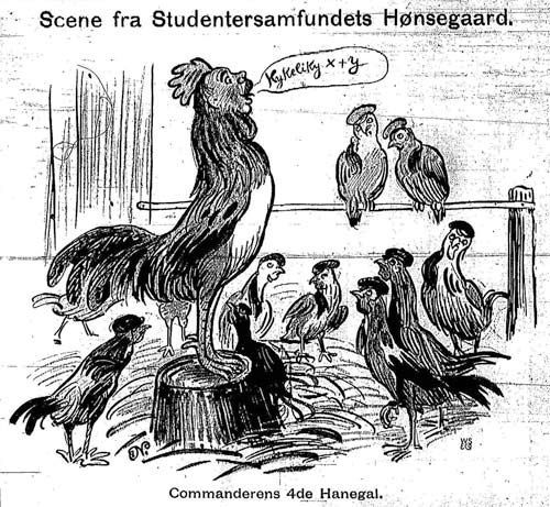 Scene fra Studentersamfundets Hønsegaard. Commanderens 4de hanegal.
Vikingen 15. oktober 1910.