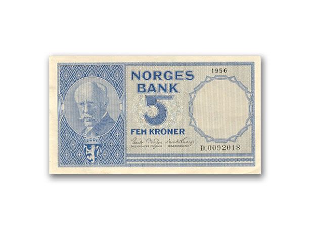 Fridtjof Nansen (1861-1930) var professor i zoologi 1897&amp;#8211;1908 og senere i oseanografi ved Det Kongelige Frederiks Universitet (Universitetet i Oslo). Nansen var en betydelig vitenskapsmann, men i dag kanskje mest kjent som polarfarer, oppdager, diplomat og Folkeforbundets første generalsekretær. Han fikk Nobels fredspris i 1922 etter sin store internasjonale innsats for flyktningene etter første verdenskrig. Nansen ble gravlagt fra Aulatrappen ved Universitetsplassen. Seddel: 5 kroner. 1955-63. Gravør: Henry Welde. Ca. 125 x 70 mm. . 5 kroneseddel, 1955-63.
