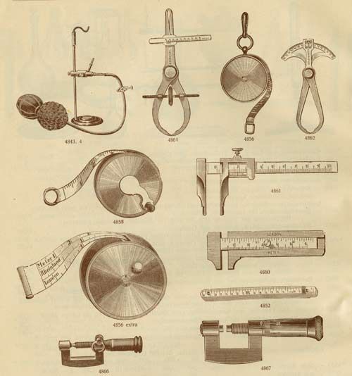 Måleutstyr.
Kilde:
Richard Müller-Uri 1909: &quot;Katalog über Apparate, Instrumente und Utensilien für den Physikalischen Unterricht&quot;.