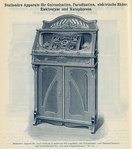 Samme apparat, men i moderne design.
Kilde:
Reininger, Gebbert &amp;#38; Schall 1902: ”Elektro-Medizinische apparate und ihre handhabung.”