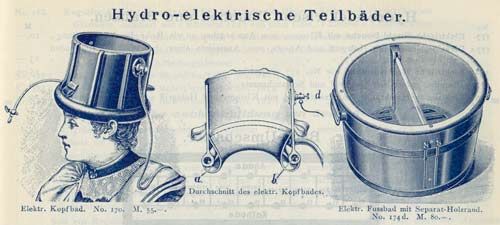 Elektrisk hodebad og elektrisk fotbad.
Kilde:
Reininger, Gebbert &amp;#38; Schall 1902: ”Elektro-Medizinische apparate und ihre handhabung.”
