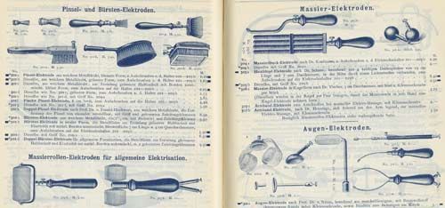 Stålbørster og massasjeruller med elektroder. Nede til høyre: Øyneelektroder.
Kilde:
Reininger, Gebbert &amp;#38; Schall 1902: ”Elektro-Medizinische apparate und ihre handhabung.”