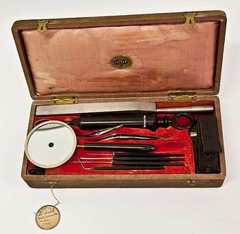 Skrin med instrumenter for øret, innlemmet i samlingen i 1870. Fotograf Carina Knudsen.